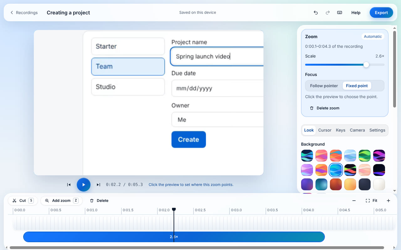 The Reframe editor: a preview of the recording with a zoom selected on the timeline